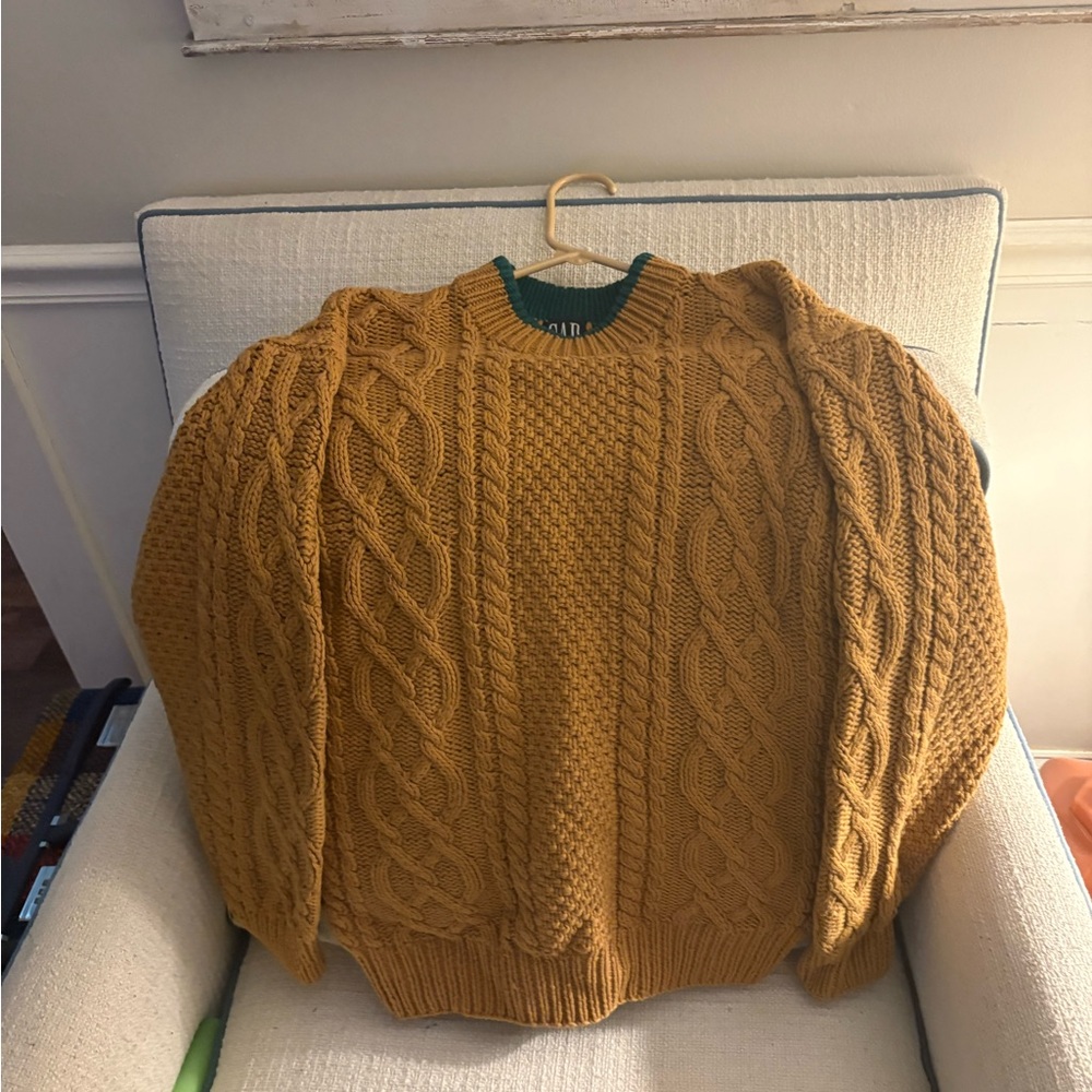 Vintage GAP Mustard Chunky Cable Knit Crewneck Sweater 100% Cotton - Picture 2 of 4